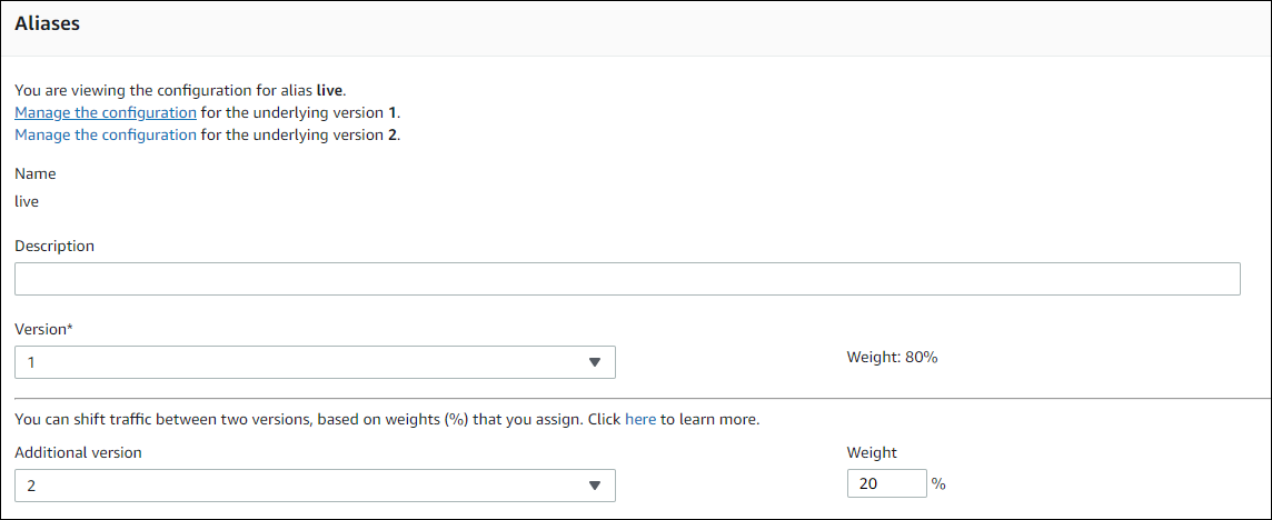 The aliases section of the CodeDeploy console.