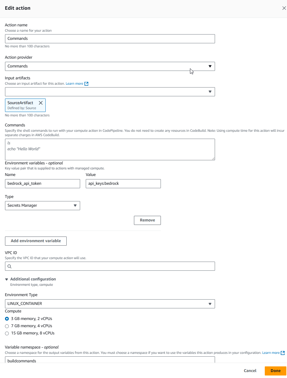 The Edit action page for a new pipeline with the Commands action