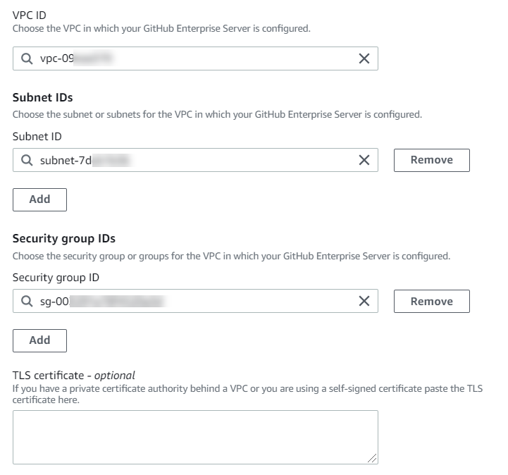 Console screenshot showing create GitHub Enterprise Server connection page for VPC options.