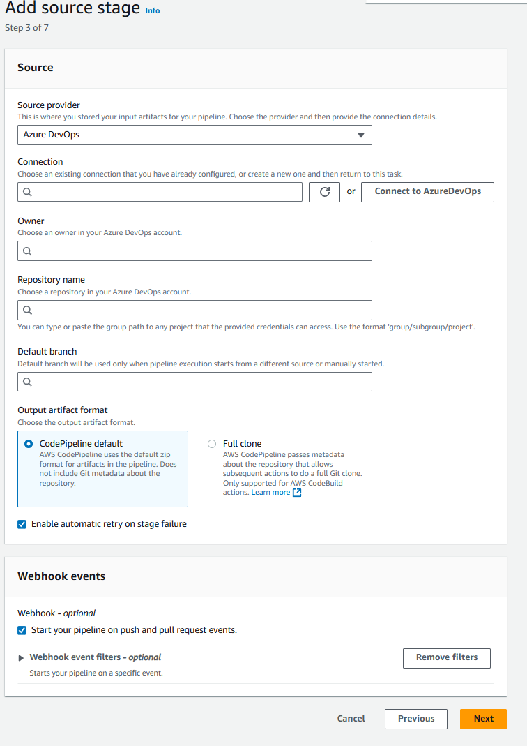 Console screenshot showing connection option selected for Azure DevOps.