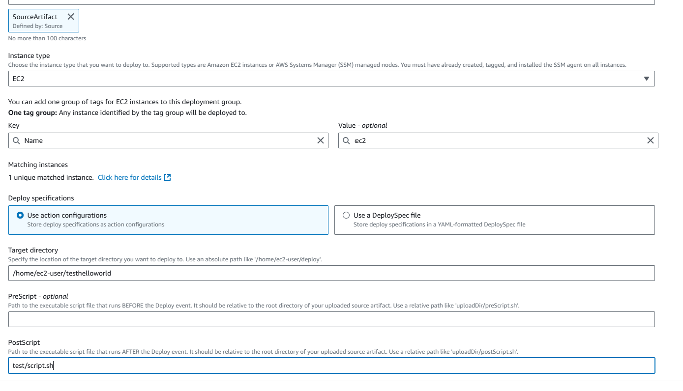 The Edit action page for a new pipeline with the EC2Deploy action specifying using the action configuration