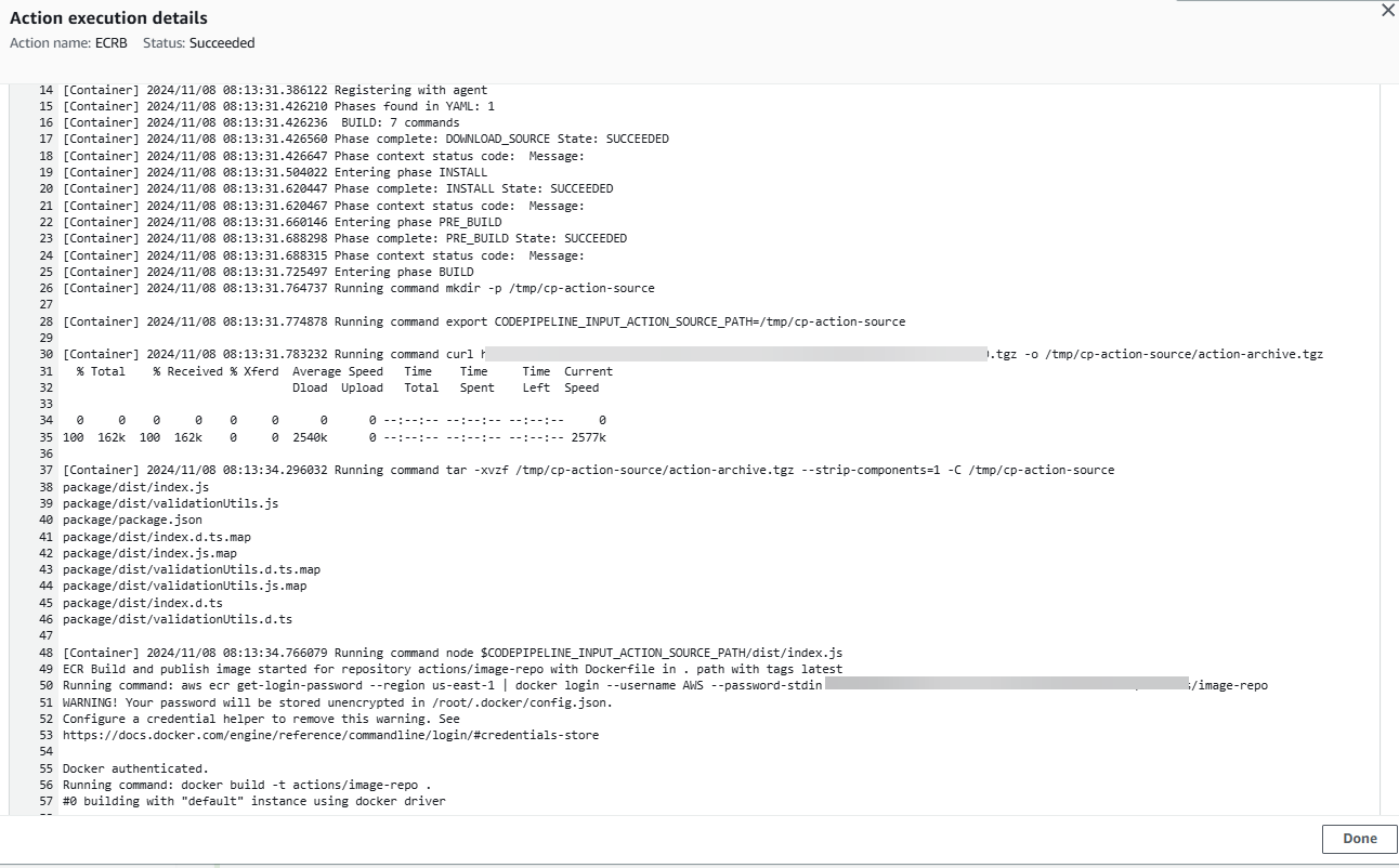 View logs for the Amazon ECR build action in your pipeline.