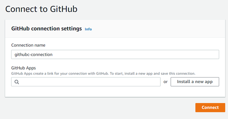 Console screenshot showing the initial GitHub connection page with the GitHub Apps field.