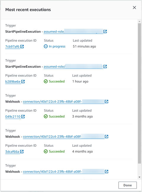 The Most recent executions dialog box shows the five most recent executions for a pipeline.