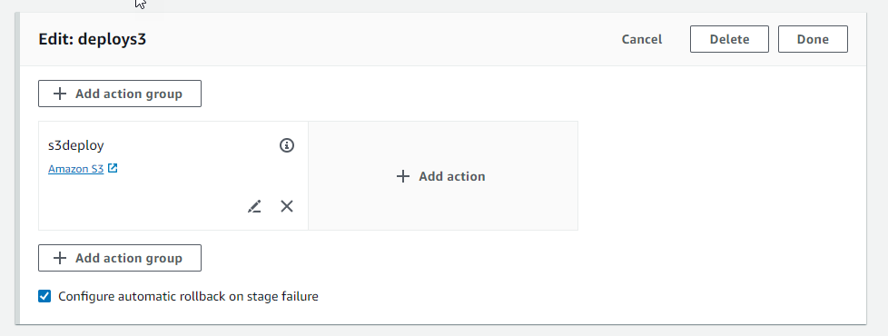 An example edit screen to configure a rolled back stage in CodePipeline.