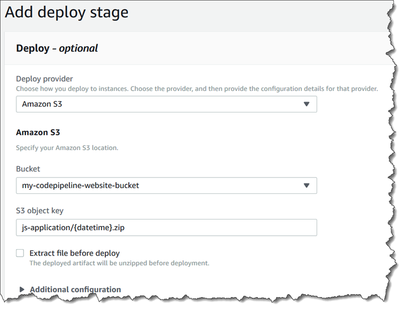 The Step 5: Deploy page for an Amazon S3 deploy action with an Amazon S3 source