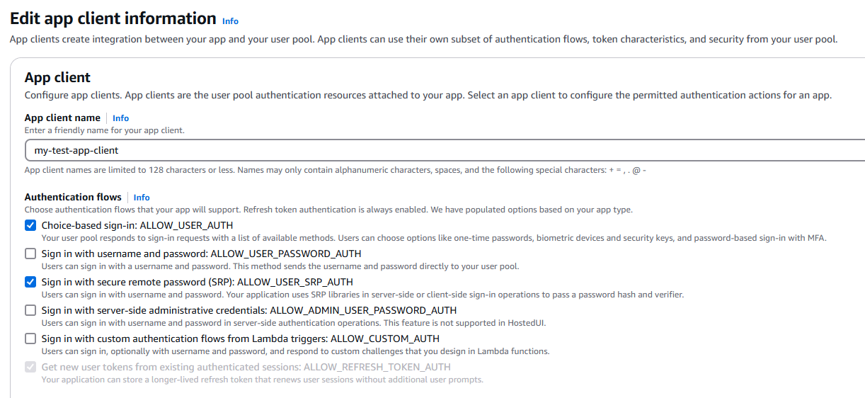 A screenshot from the Amazon Cognito console that illustrates the choice of secure remote password authentication flows for an app client. The options ALLOW_USER_SRP_AUTH and ALLOW_USER_AUTH have been selected.