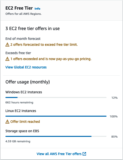Das Feld „ EC2 Kostenloses Kontingent“ im EC2 Dashboard.