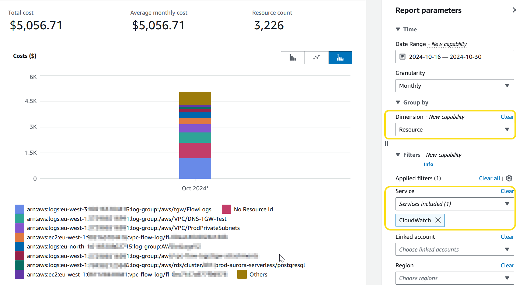Ein Screenshot der AWS Cost Explorer Service Benutzeroberfläche mit CloudWatch Auswahl für das Feld Service und Ressource für das Feld Dimension.