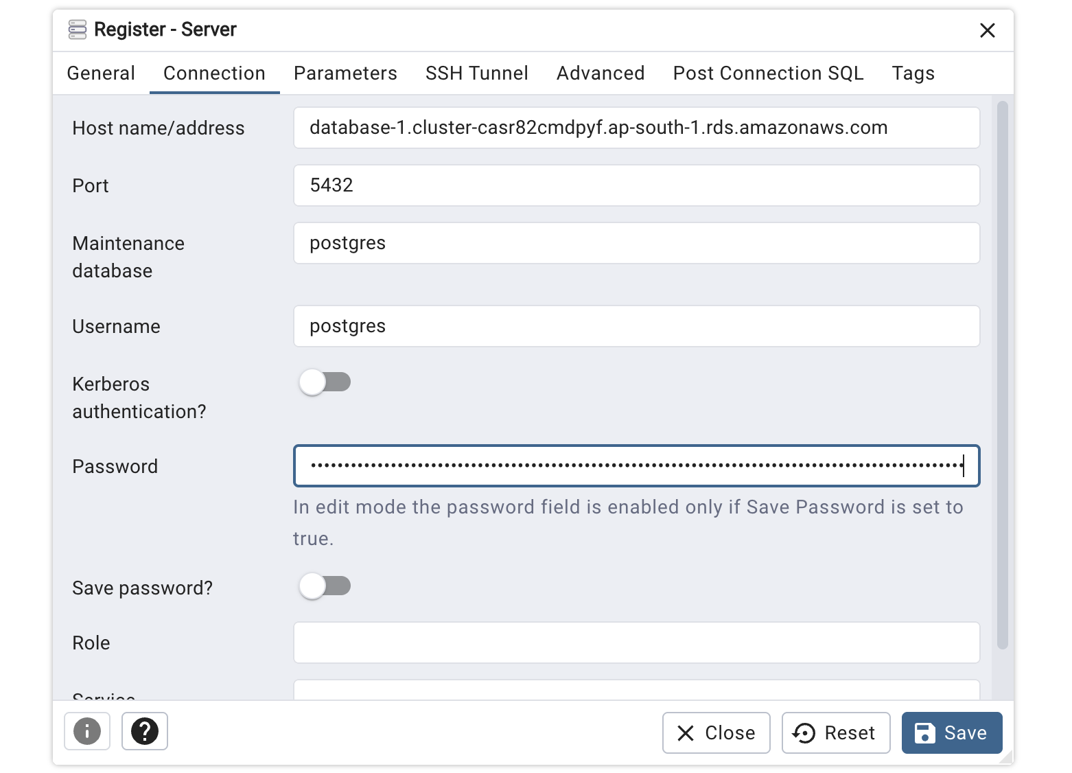 Der pgAdmin-Verbindungsdialog mit Serverdetails.