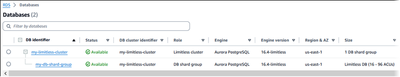 Primärer DB-Cluster und DB-Shard-Gruppe in Aurora PostgreSQL Limitless Database.