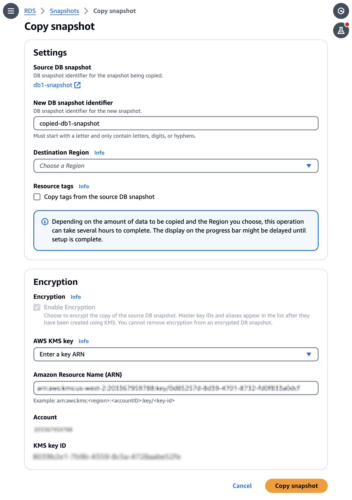 Die Seite Snapshot kopieren in der Amazon-RDS-Konsole. Die Einstellungen werden auf der Seite geladen.
