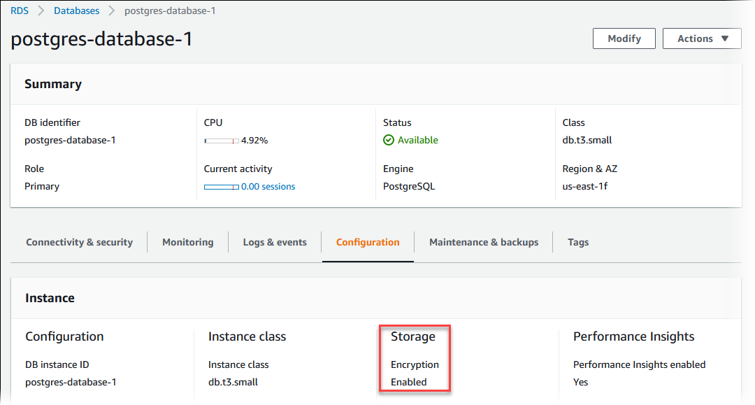 Überprüfen der -Verschlüsselung für eine DB-Instance