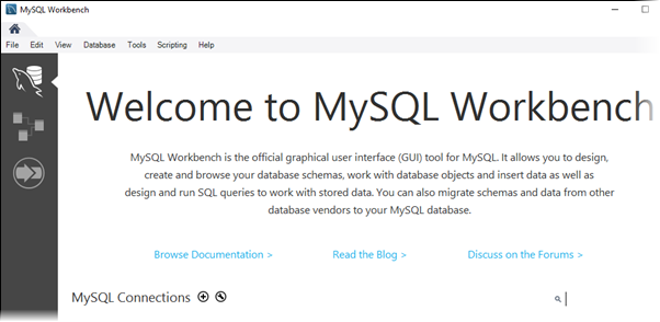 Willkommensseite in MySQL Workbench.