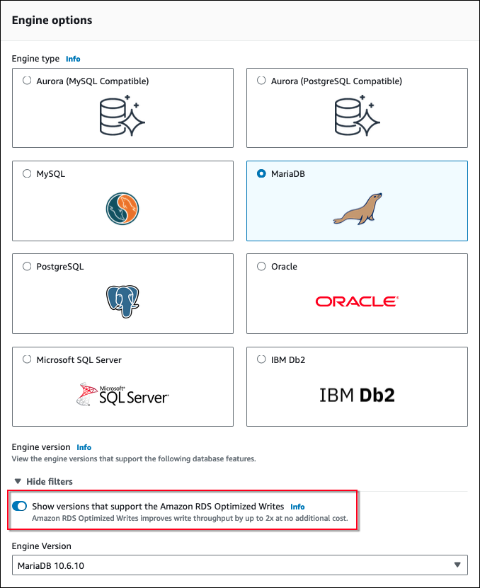 Der Abschnitt Engine-Optionen, in dem der Filter Amazon RDS Optimized Writes für Engine-Version aktiviert ist.