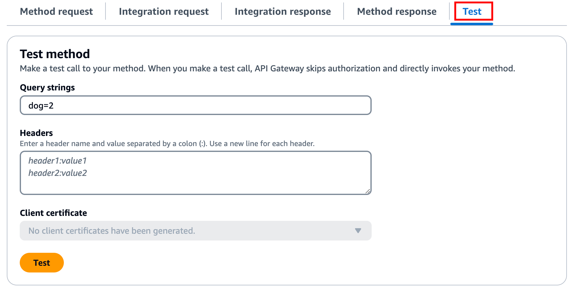 Testen Sie Ihre API in der Registerkarte Test. Sie finden diese neben der Registerkarte Methodenantwort.
