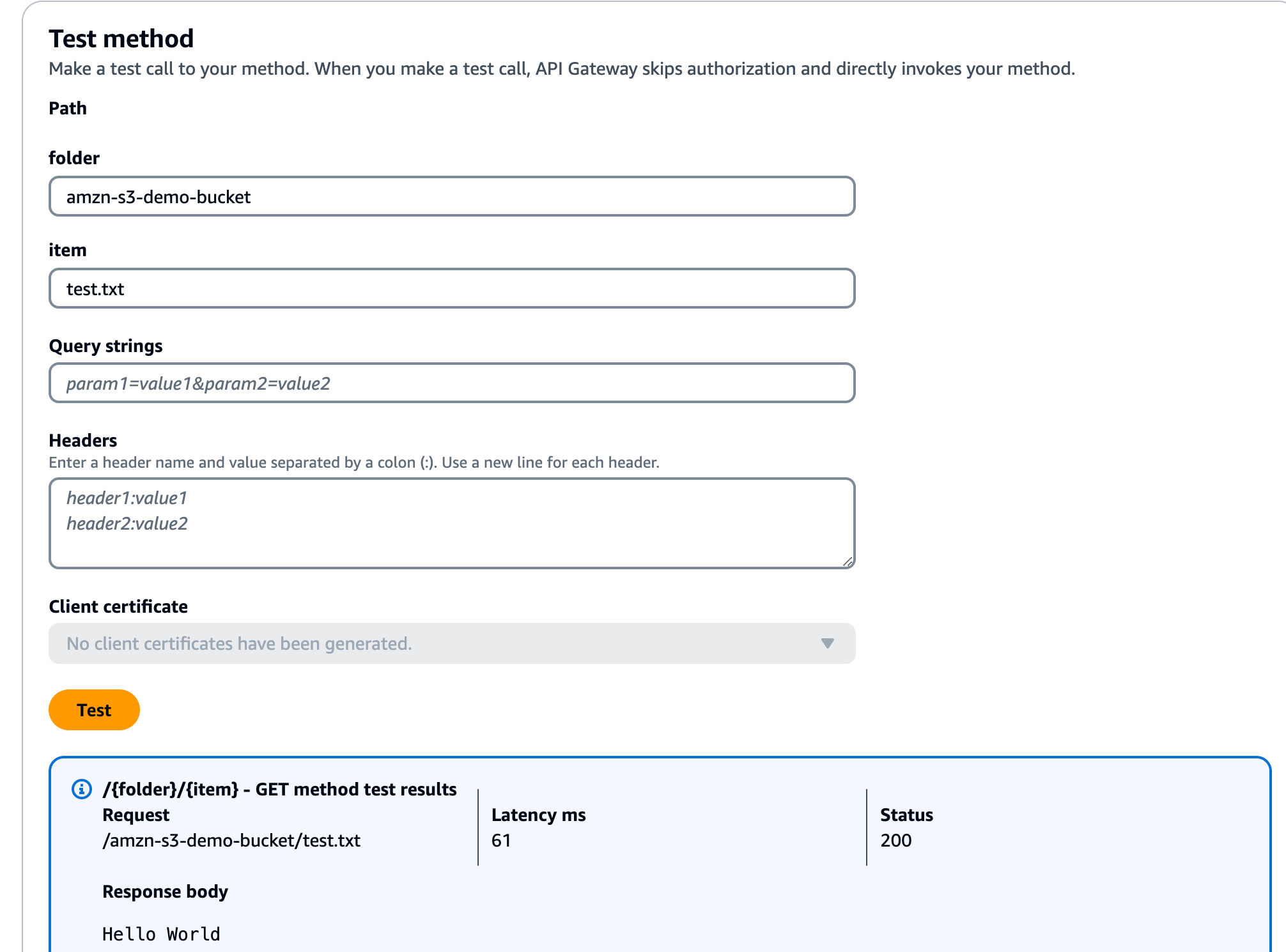 Testen der GET-Methode zur Erstellung eines Amazon-S3-Bucket.