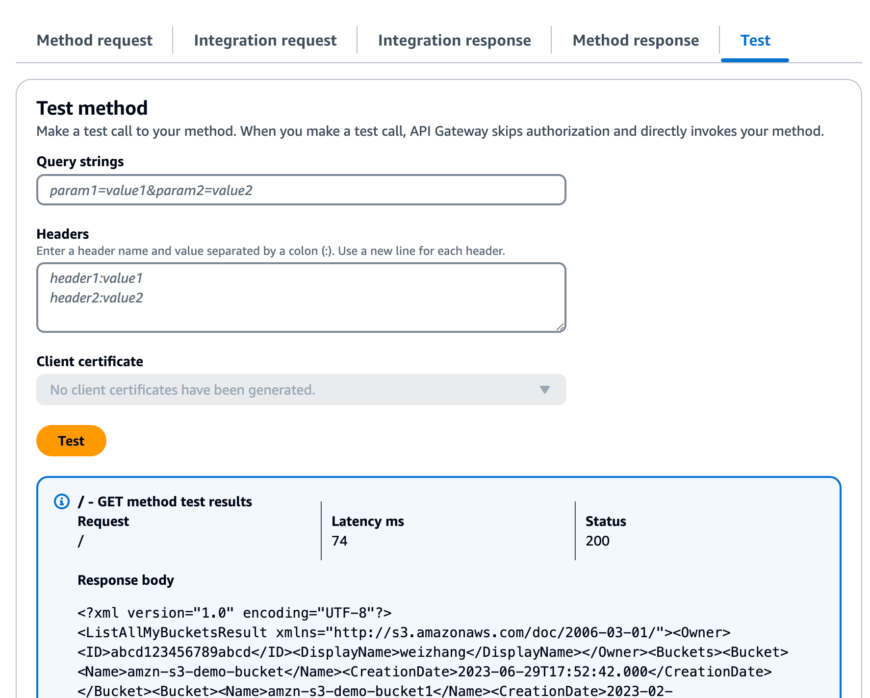 Testen des GET-Bucket-Ergebnisses für API-Stammressource