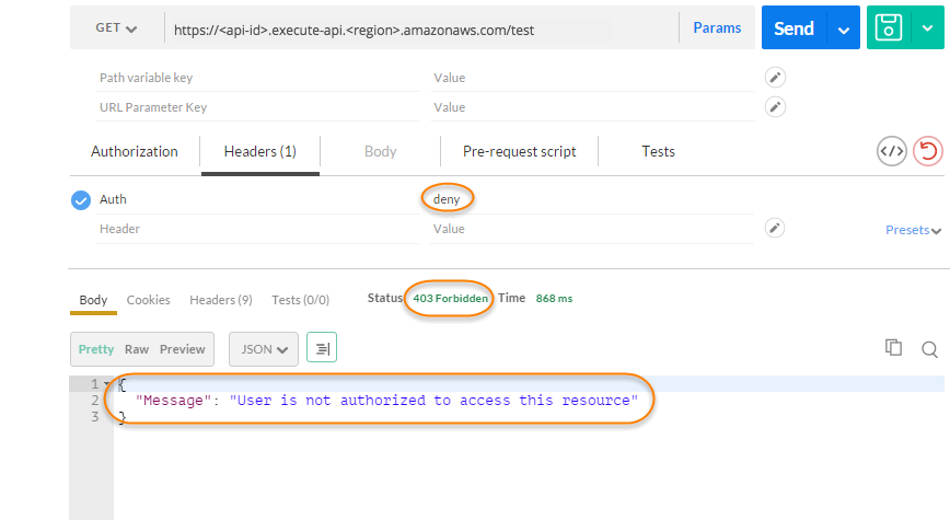 API mit Lambda-Autorisierungs-Token "deny" aufrufen