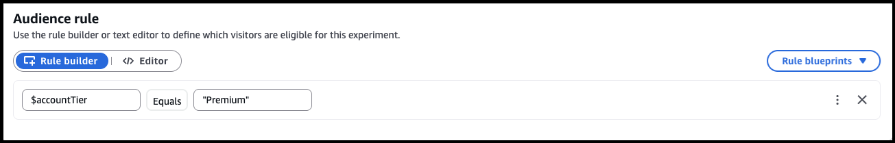 Ein Bild der Registerkarte „Regelgenerator“ beim AWS AppConfig Experimentieren mit der angegebenen Beispielzielgruppenregel.