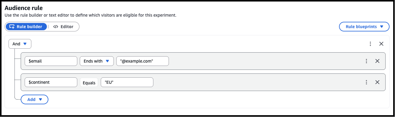 Ein zweites Bild der Registerkarte „Regelgenerator“ beim AWS AppConfig Experimentieren mit der angegebenen Beispielzielgruppenregel.