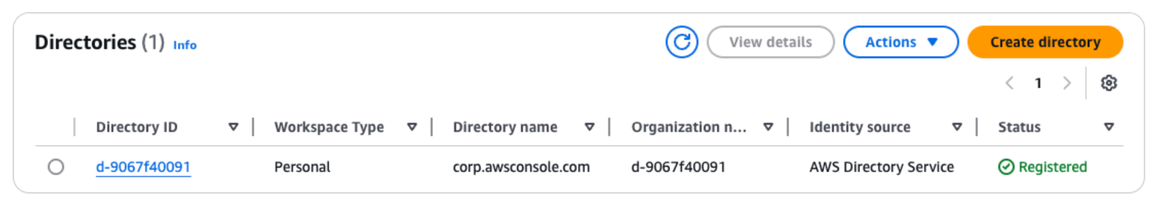 Die Verzeichnisseite mit einem Eintrag für ein Verzeichnis mit dem Status „Aktiv“.