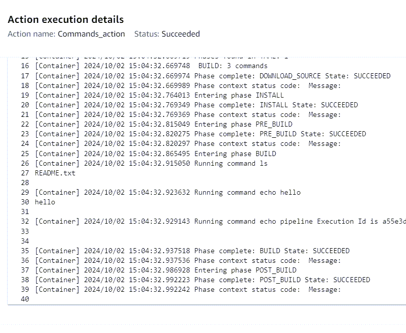 Example logs for the Commands action