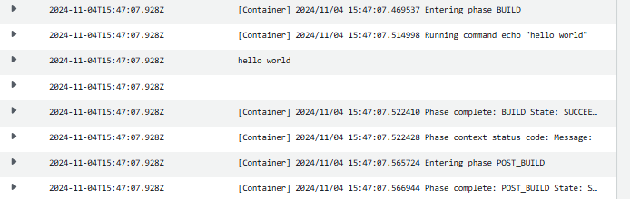 The Logs page in CloudWatch for a pipeline with the Commands rule