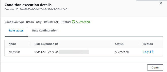 The Status page for a pipeline with the Commands rule