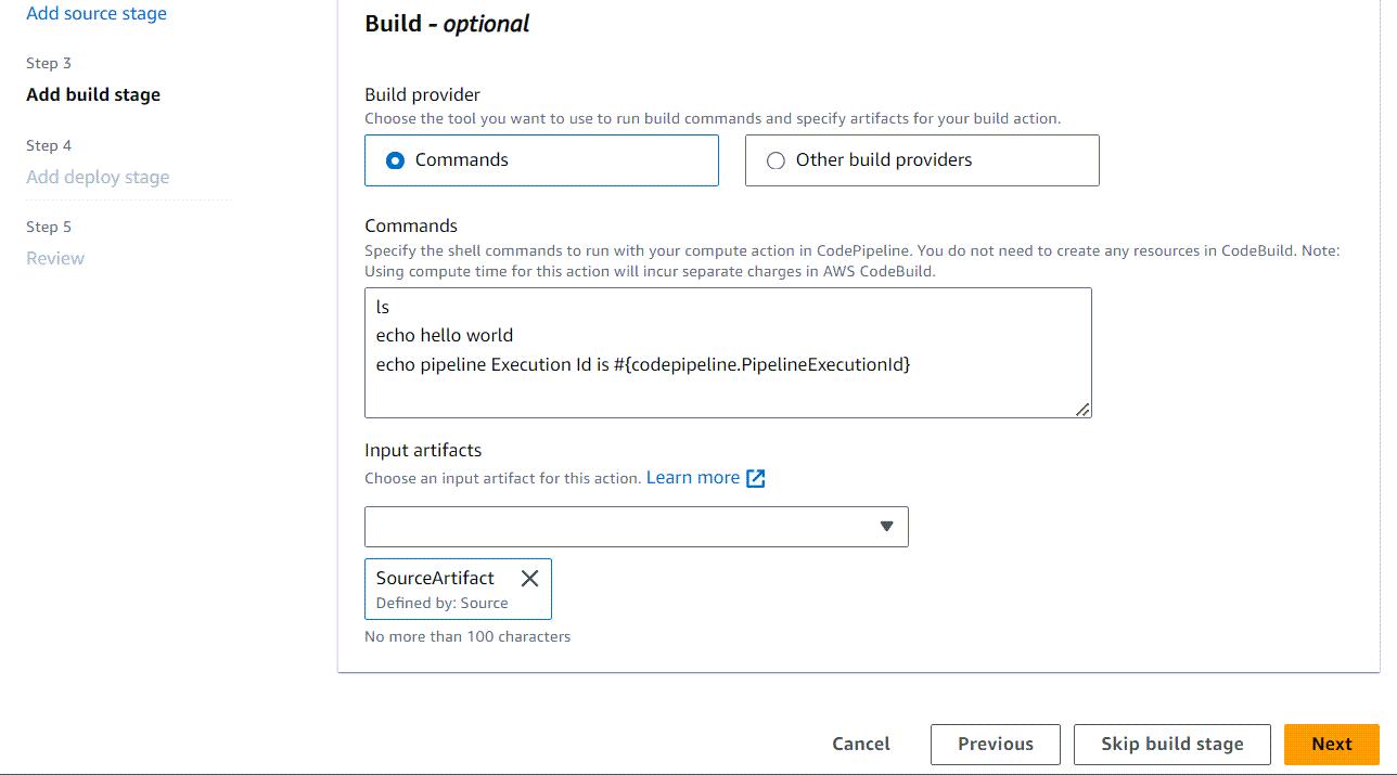The Step 4: Add build stage page for a new pipeline with the Commands action