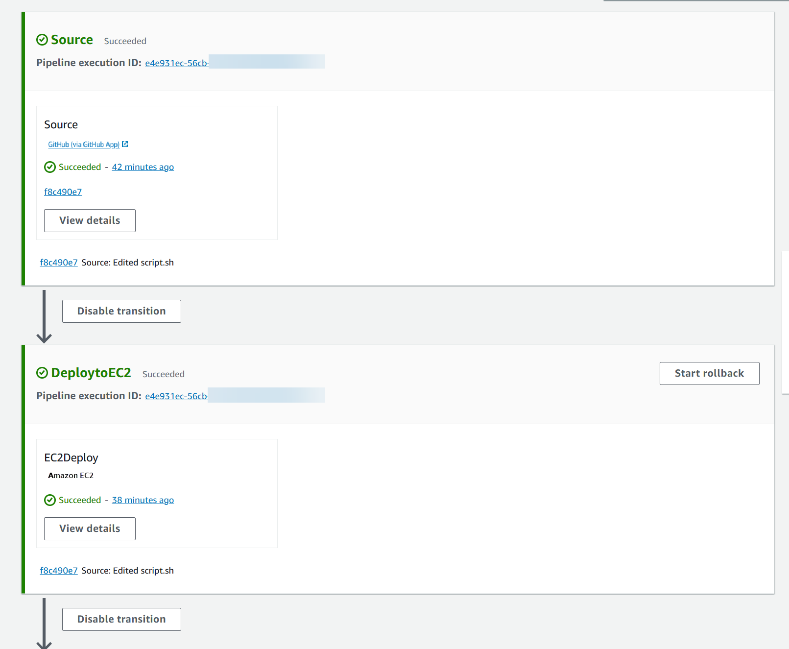 A console diagram showing a successful pipeline run with the deploy action added to your pipeline.