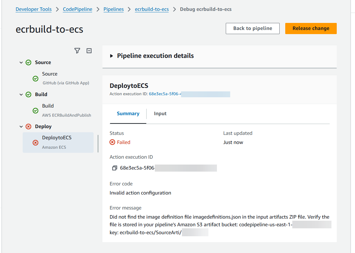 View logs for the Amazon ECR build action in your pipeline.