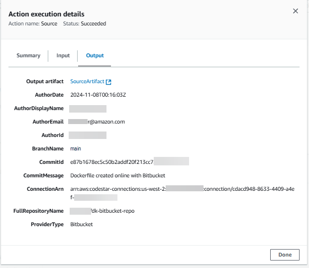 An example action output page for a manually started pipeline