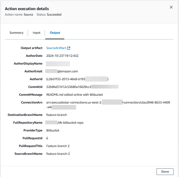 An example action output page for a pipeline started with a trigger pull request filter type