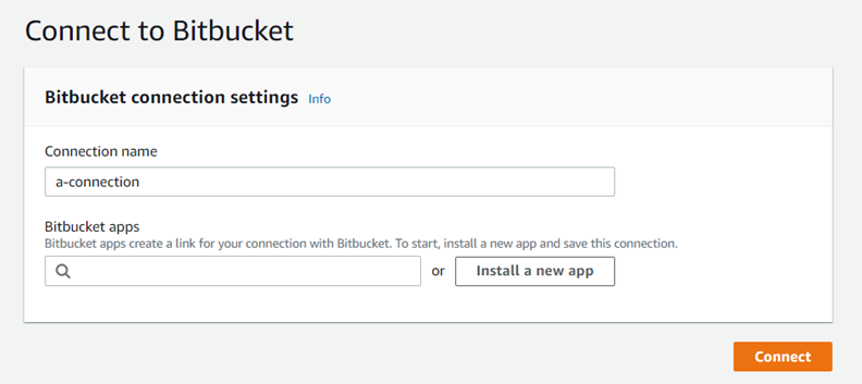 Console screenshot showing the Connect to Bitbucket Cloud dialog box, with the install new app button.