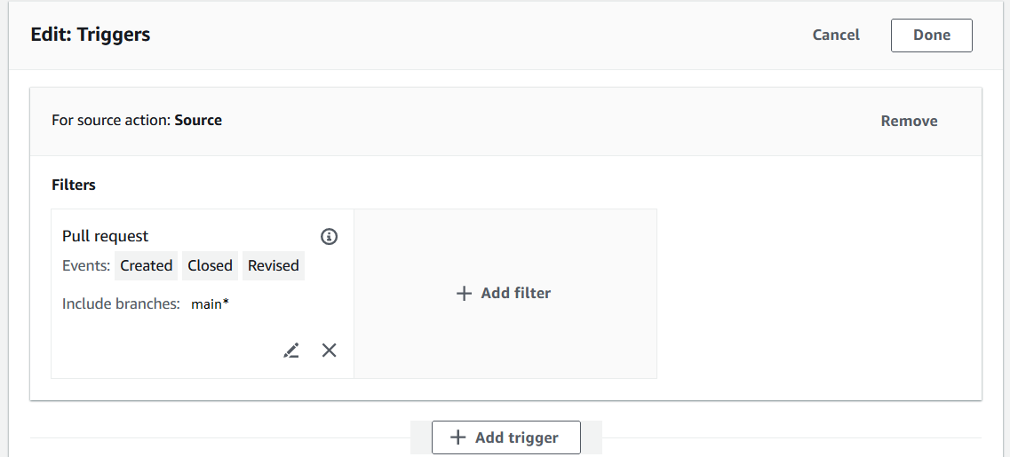 Image showing the Include branches option selected with a value of main* for a trigger with an event type of Pull request