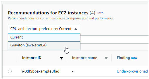 Graviton based instance recommendations