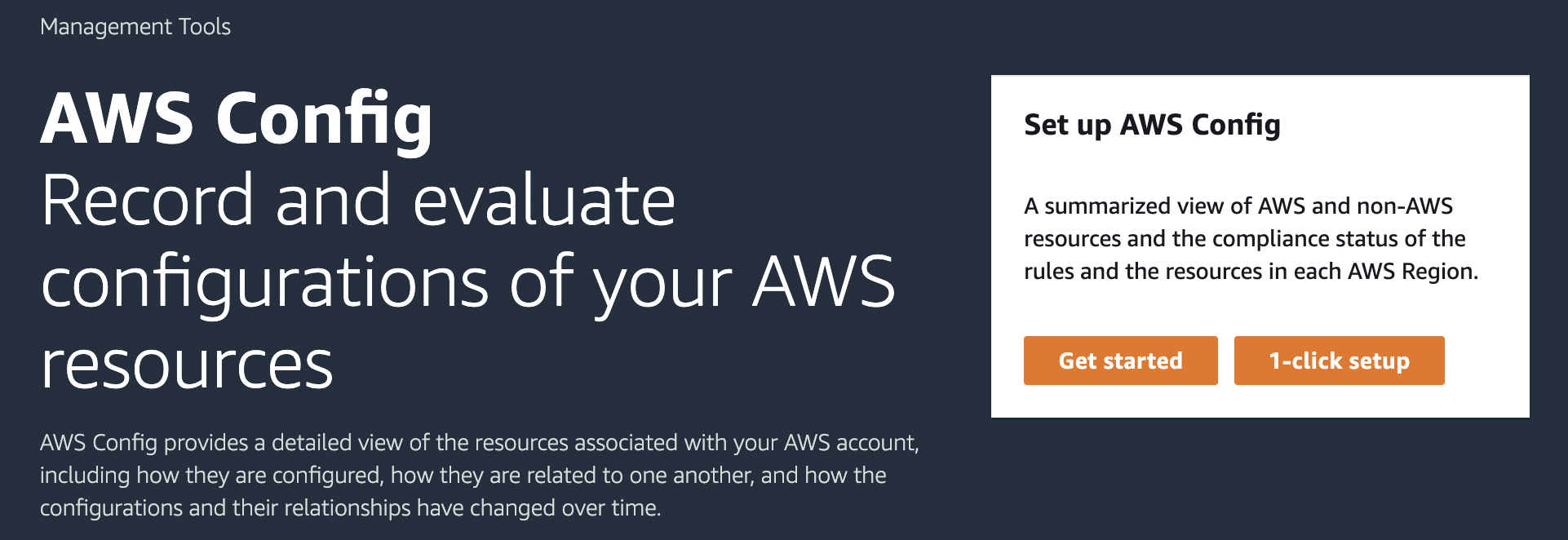 Das Bild auf der AWS Config Konsolenseite bietet einen Überblick über den AWS Config Dienst und betont seine Rolle bei der Aufzeichnung und Auswertung der Konfigurationsänderungen von AWS Ressourcen.