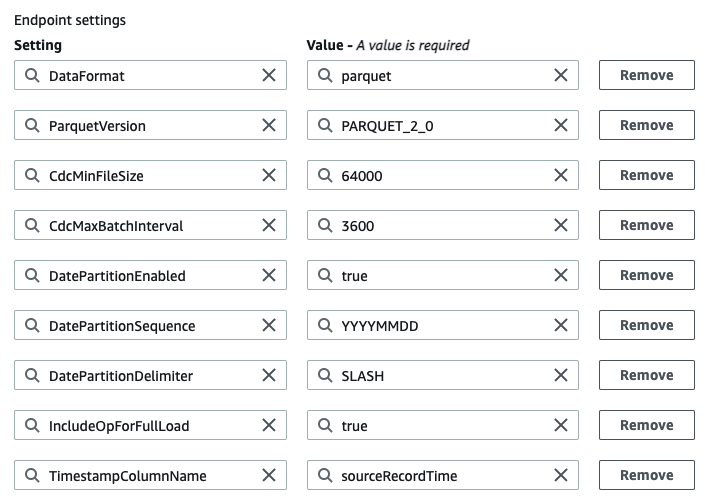 Target endpoint settings.