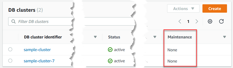 Amazon DocumentDB console showing the Maintenance column for clusters.