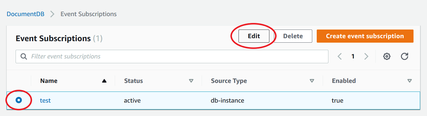 Der Bereich „Event-Abonnements“ zeigt ein ausgewähltes Abonnement und die Schaltfläche Bearbeiten.