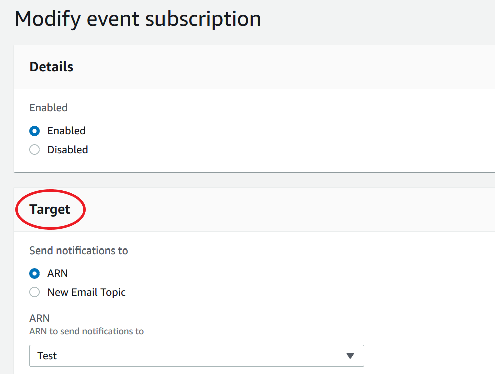 Das Formular „Event-Abonnement ändern“ hebt den Bereich „Ziel“ hervor.