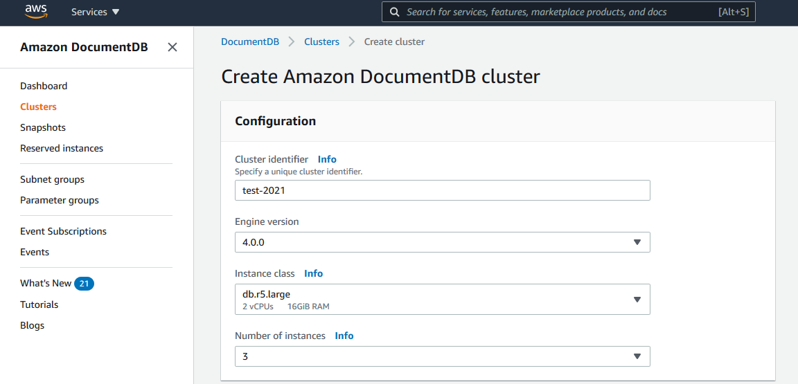 Configuration options form for creating an Amazon DocumentDB cluster.