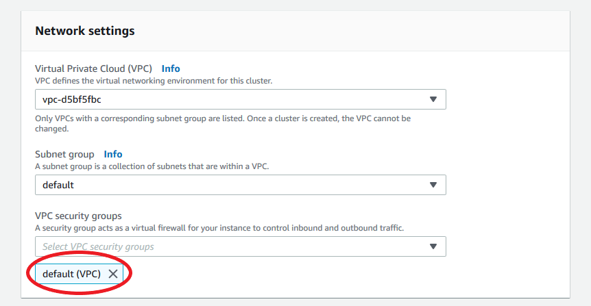 Network settings form showing default VPC already added.