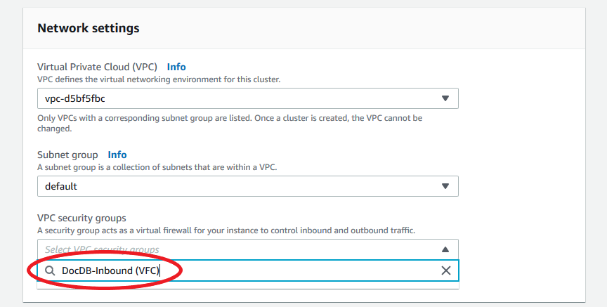 DocDB-Inbound VFC selected in VPC security groups dropdown menu.