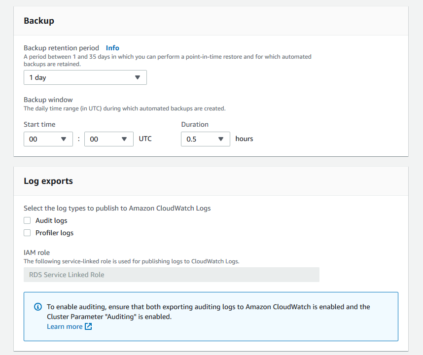 Backup and Log exports forms with default options selected.
