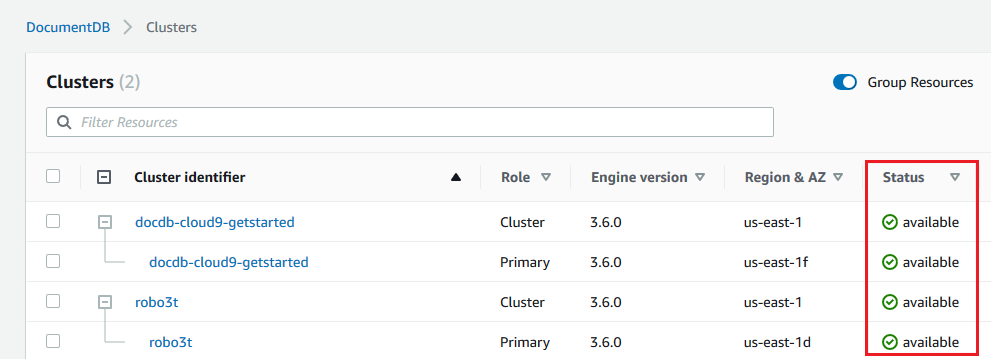 Status column showing available status for clusters and instances on the Clusters page.