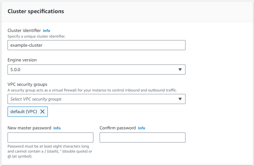 Image: the Cluster specifications section of the Modify cluster dialog box showing the Cluster indentifier and Engine version fields.