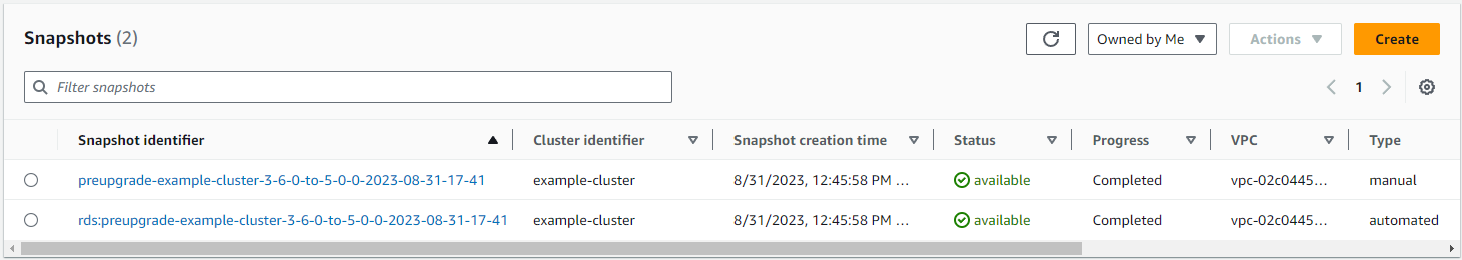Image: the Snapshots navigation box showing a table of previously created snapshots.