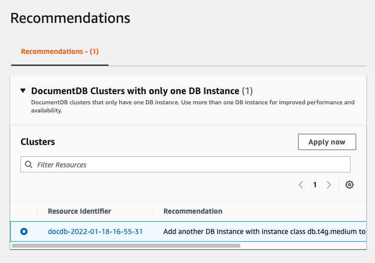 Das Empfehlungsformular mit einer ausgewählten empfohlenen Aufgabe für einen Amazon DocumentDB-Cluster.